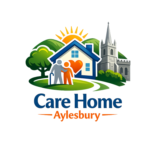 Care Home Aylesbury logo featuring a house, heart, caregiver, and elderly person symbolizing compassionate care.
