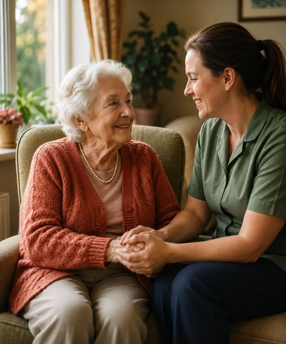 Elderly woman smiling and holding hands with a caring female caregiver in a warm, comfortable care home setting.
