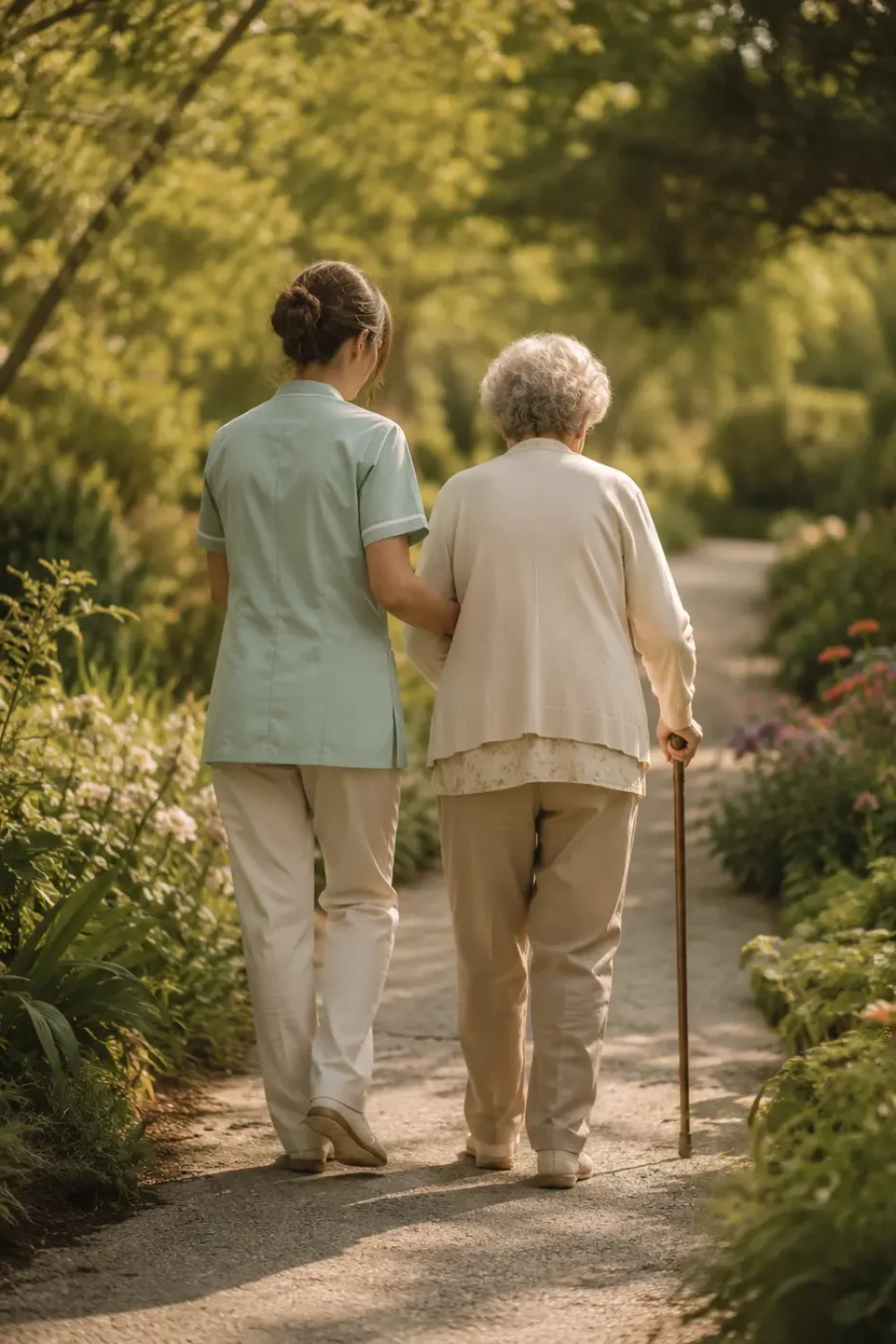 Caregiver walking alongside an elderly resident on a garden path at Care Home Aylesbury